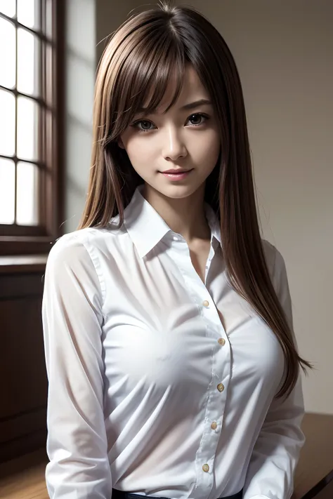 masutepiece, Photorealsitic, Best Quality, intricate and delicate, 8k wallpaper, top-quality, ​masterpiece, realisitic, ultra-detailliert, 1人の女性, smil, (Facing the front), (Looking at the camera), White collared shirt, Windowless interior