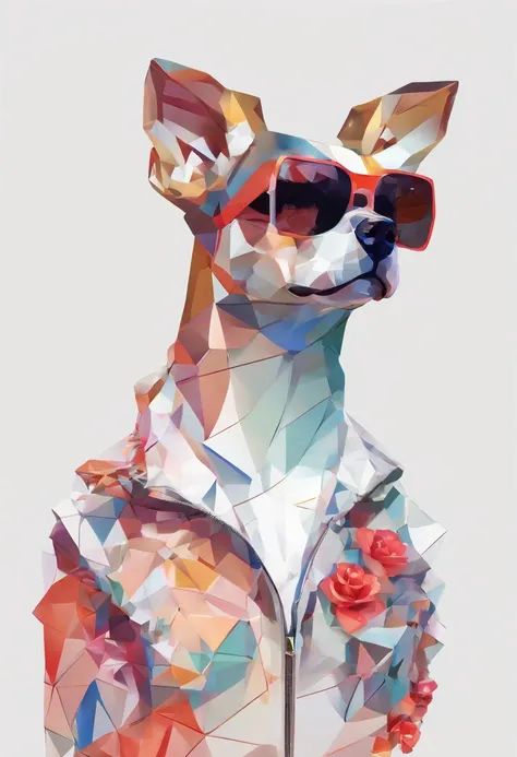 Perfect alignment, Cute little animal in jacket，Crystal Vase，Rose flower, Wearing sunglasses, cheerfulness, Standing position, Abstract beauty, Centered, Looking at the camera, Facing the camera, Approaching perfection, Dynamic, Highly detailed, Smooth, Sh...