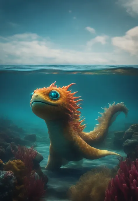 A Kelpy small monster standing at clear ocean