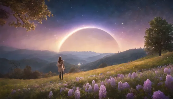 Expansive landscape photograph, (view from below with a view of the sky and the wilderness below), little girl standing in a flower field looking up, (full moon: 1.2), (shooting star: 0.9), (nebula: 1.3), distant mountain, tree break production art, (warm ...