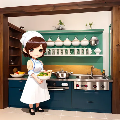 ​masterpiece、top-quality、ultra-detailliert、(Chibi Chara　chef:1.3)、Chefs whites costume、Chibi Kitchen、cook、Standing、a smile、