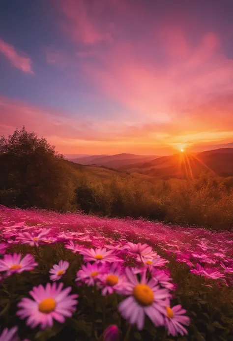 10,000 daisy flowers, Beautiful and perfect, eventide，Fuchsia sky，vibrant with colors.High saturation，