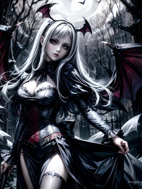 Medium shot of a vampire necromancer girl in a gothic style dress, with bat-like wings. The illustration should be realistic and detailed, with a focus on the girls face and body. The background should be dark and atmospheric, with bats flying around.