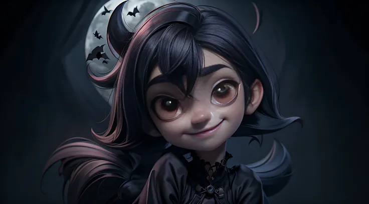 (masterpiece) Mavis (from the cartoon "Hotel Transylvania") a vampire child with long pointed canines, pointed fangs, black hair squared, with a full fringe, red eyes, in the distance a dark castle, bats in the sky. (depth of field, best quality, digital a...