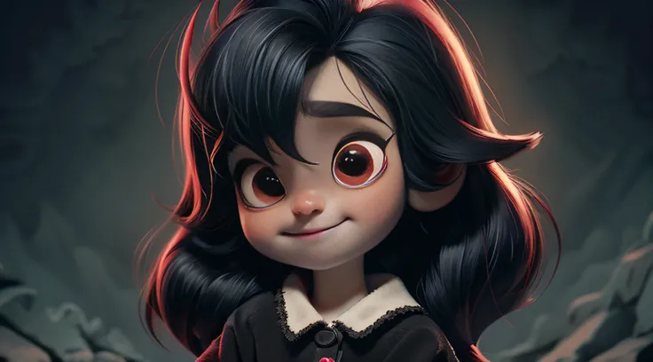 (masterpiece) Mavis (from the cartoon "Hotel Transylvania") a vampire child with long pointed canines, pointed fangs, black hair squared, with a full fringe, red eyes, in the distance a dark castle, talks with bats. (depth of field, best quality, digital a...