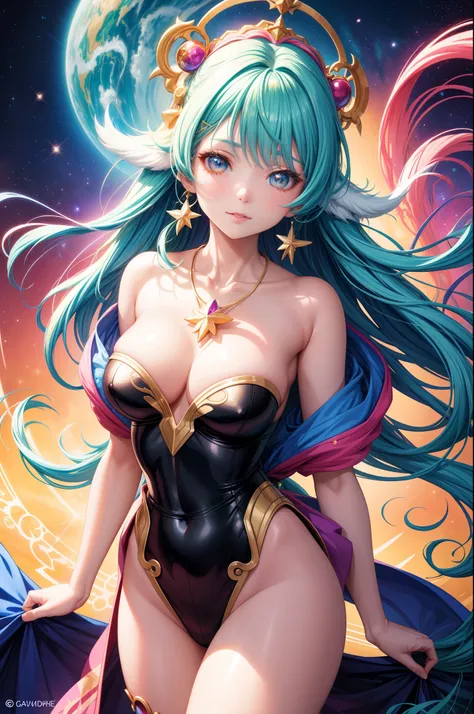 Close-up of a woman with multicolored hair and a necklace, Anime girl with cosmic hair, The Soft Vitality of Rossdraws, Works of art in the style of Gouvé, fantasy art style, Colorful], Bright fantasy style, Cartoon Rossdraws is full of vitality, cosmic an...