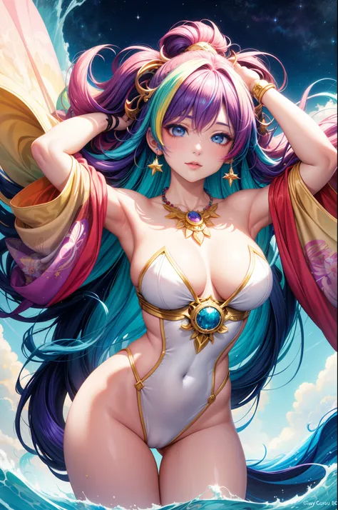 Close-up of a woman with multicolored hair and a necklace, Anime girl with cosmic hair, The Soft Vitality of Rossdraws, Works of art in the style of Gouvé, fantasy art style, Colorful], Bright fantasy style, Cartoon Rossdraws is full of vitality, cosmic an...