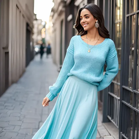 Smile, light blue sweater, green long skirt, neckless, night city