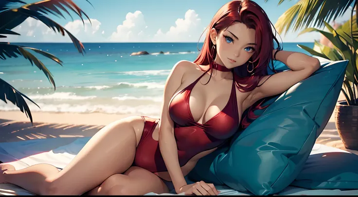 Prompt: Description: 
Create an art piece that captures the allure and enigma of a tan-skinned girl in an Red one piece lifeguard swimsuit..Imagine her with crimson-colored hair that cascades gracefully, framing her delicate face and contrasting beautifull...