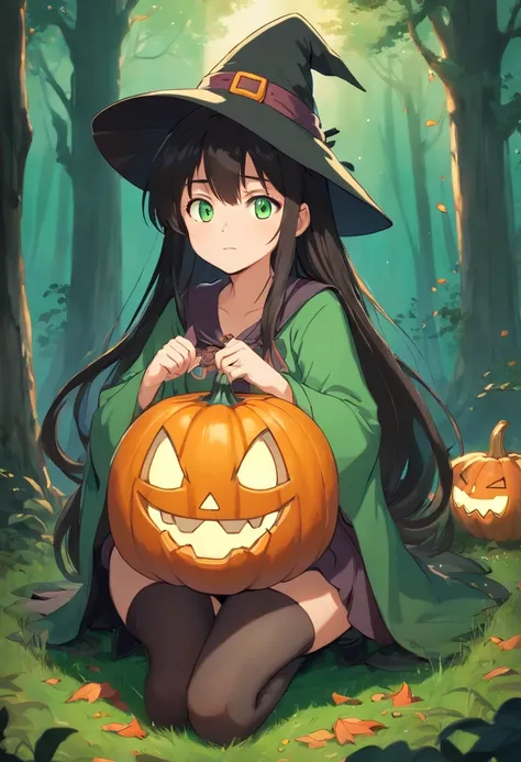 Good in Chevu,1girl in,Strange pumpkin sitting on 1,full-body view,Scary pumpkin bottom,Dressed as a witch,Big witchs hat,leges_Haute,Mini_skirt by the,grand_lower back,change,ghosts, Halloween, immensity_breastsout,cleavage cutout,red blush,Ahegao_faces,A...