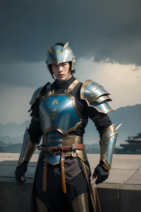 young  male，Liangshan good man，Song Jiang，Epic composition，Aesthetics，mechs，Kyoto panel painting style，Caustic soda coating，Gorgeous helmet，Song Dynasty armor，Long weapons，The storm is rising，