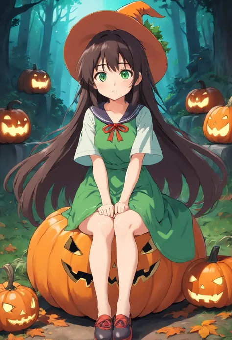 Good in Cheb,1girl in,Strange pumpkin sitting on 1,full-body view,Scary pumpkin bottom,Dressed as a witch,Big witchs hat,Legs_Haute,Mini_skirt by the,grand_lower back,change,ghosts, Halloween, immensity_breastsout,cleavage cutout,red blush,Ahegao_faces,A d...