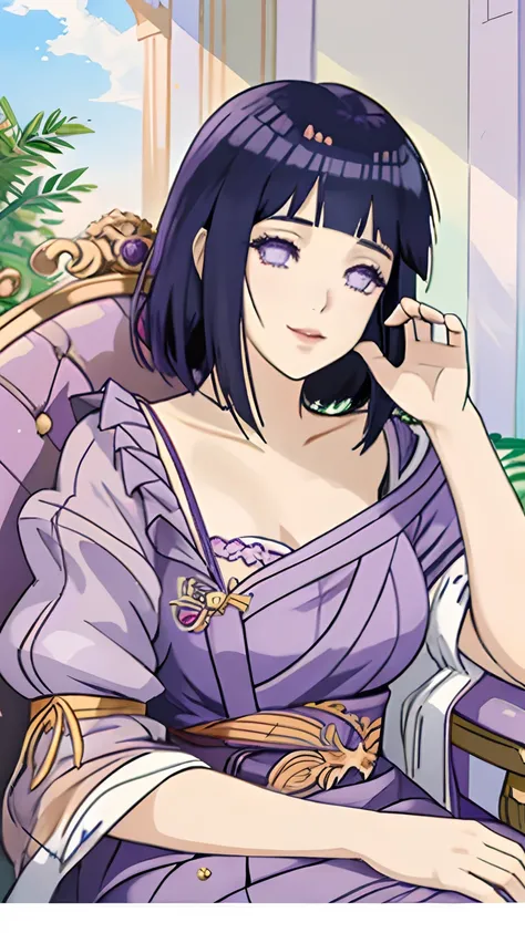 there is a drawing of a woman in a purple dress sitting on a purple chair, hinata hyuga, ((a beautiful fantasy empress)), anime princess,  in an anime style, detailed eyes, lovely queen, a beautiful fantasy empress