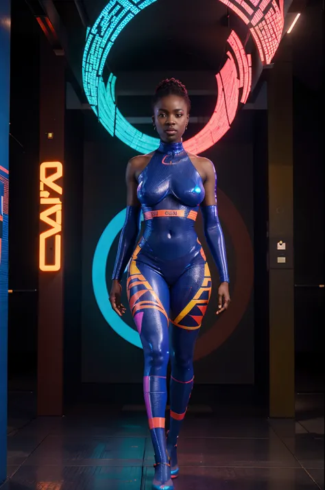 Full body shot of an African woman dressed in neon lit African designed clothes, standing in museum full of QR code sculptures, QR code sculptures and art work shining blue and red light, with iridescent light, 32k, ultra HD, unreal engine rendered, cinema...