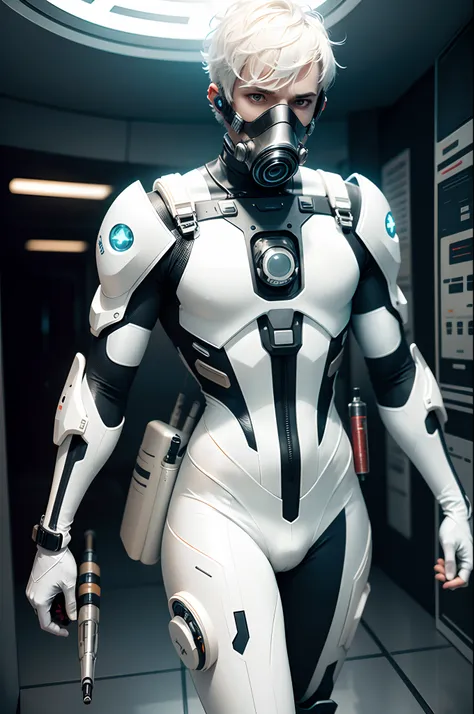 (futuristic, sci fi) male in chemical white body suit, hands visible, gas mask, masterpiece, holding medical tools, hair visible, pale skin, short hair