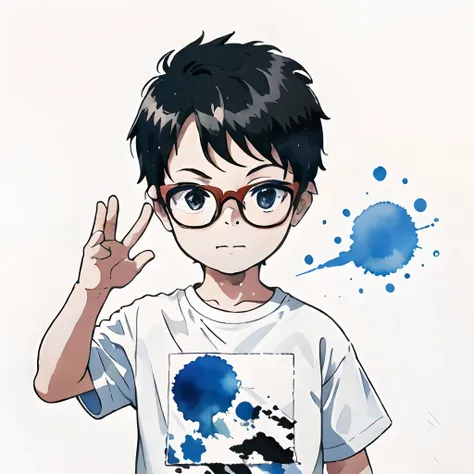 vector t-shirt design, minimalistic ink drawing style, vanishing point on white paper, a 3y.o boy wearing glasses. watercolor sp...