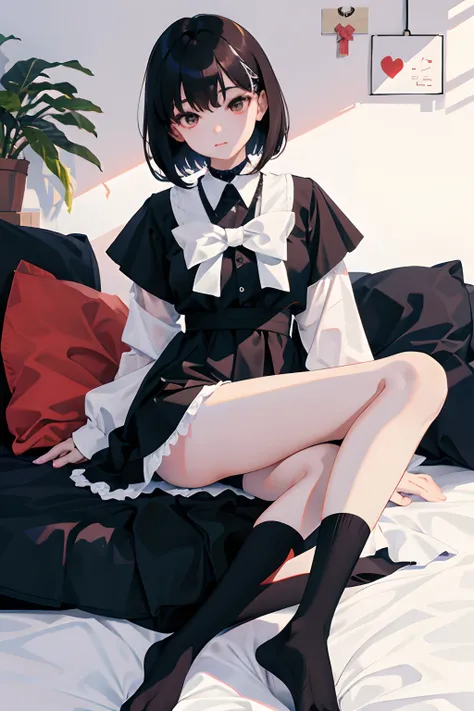 child，（​masterpiece，Highest Quality），Zettai Ryoki Thigh，A dark-haired，Medium bob，Black socks