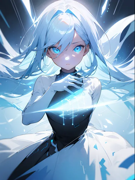 ((Masterpiece)), (Best Quality), (Detailed), (1girl), (Internal Data Flow) light blue gradient hair, light blue glowing eyes, straight hair, She is dressed in a modern white shirt and a black dress, Covered by data particles, Locked around the neck