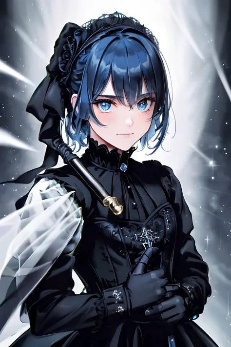 {{{finely detailed wallpaper best quality illustration}}} {{{Cool beauty cute girl}}} {{{Face Focus}}} {Wearing a formal suit} {Game Face} Glittering blue eyes {{{Dynamic pose hand holding sword}}} Smile Flame {{{ Gilji Bluehair Shorthair }}} {{particle li...