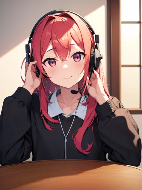 Front lens，Male uncle，ssmile，whaite hair，sitting before a table，There is a hanging microphone in front of you，Rest your chin with your hands，headset on head