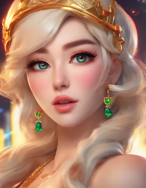 Photorealistic,（（Live image）），Jeweled gold crown，Gorgeous diamond crown，Noble queen style（（Realistic real people））Ultra-realistic realism，Live real people， 超高分辨率, Ultra detailed, Detailed lips and skin, Perfect lips and skin, with emerald green eyes, perfe...