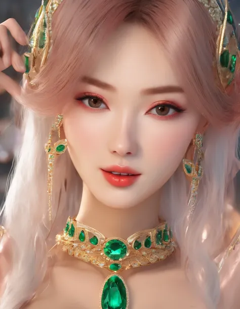 Photorealistic,（（Live image）），Jeweled gold crown，Gorgeous diamond crown，Noble queen style（（Realistic real people））Ultra-realistic realism，Live real people， 超高分辨率, Ultra detailed, Detailed lips and skin, Perfect lips and skin, with emerald green eyes, perfe...