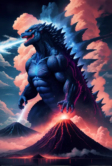 Godzilla rises on the volcano，A bright light shines on it,Laser laser is sprayed in the mouth， Godzilla, godzilla portrait, character portrait of godzilla, giant kaiju dragon monster, manticore, shin godzilla, high detailed official artwork, epic full colo...