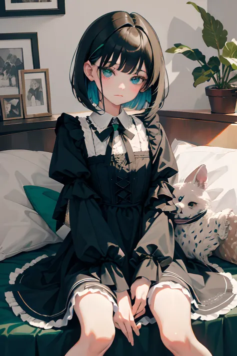 hand between legs，child，（​masterpiece，Highest Quality），shortsleeves，Blue-green Gothic Lolita，Sleepy face，A dark-haired，Medium bob，utility knife，Small scissors，Artistically