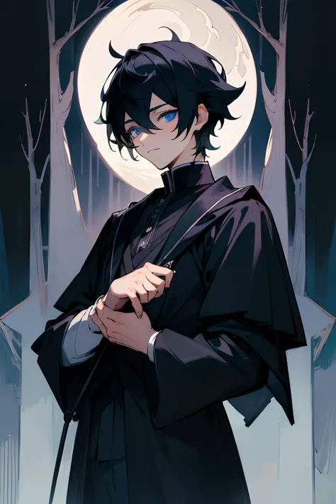 masterpiece, high quality, ultra detailed, detailed eyes, anime man, he is a prince, it is evening, it is nighttime, background is a FOREST, black crown, black hair, blue eyes, gothic clothes, black clothes