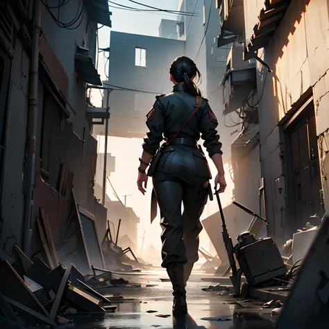 Close -up, view from behind, A woman walks in the middle of an alley, a destroyed city, destroyed buildings(Black hair horsetail, military uniforms), Military Clothing, Focus away, high-resolution, Best Quality, cinematic lighting, realistic details, sharp...