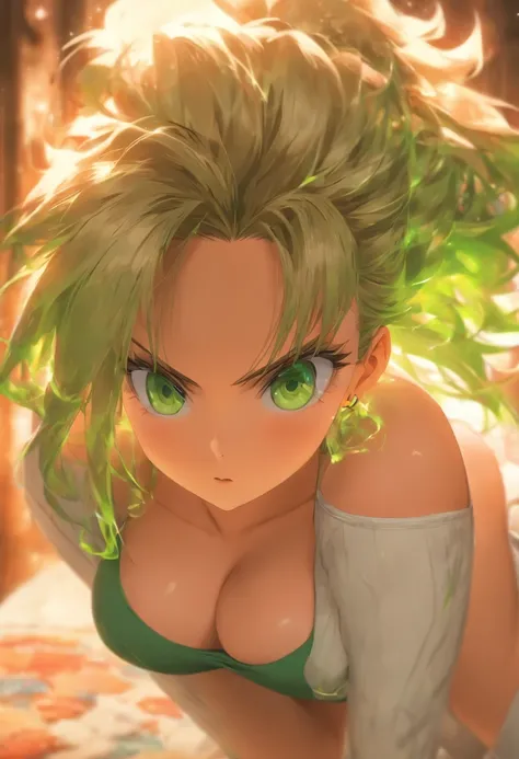 tmasterpiece, hiquality, 8K, A  girl, dark blonde hair, average hair length, green colored eyes, Embarrassed, in a bra and underpants, Beautiful figure, big breastes, quiff, hair between the eyes, spread her legs, blushful, porcelain skin