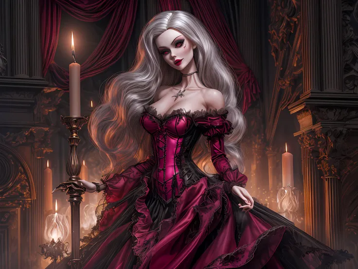 a  picture of extremely 1beautiful Barbie vampire, Barbie mistress of death, she has long hair, flowing hair, wavy hair, blond hair, pale grey skin, red eyes, stains of blood on face, she wears dark pink dress, silk dress, she wears stockings, high heels, ...