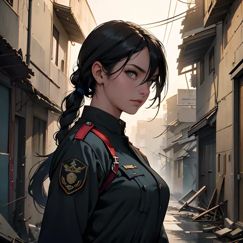 Close -up, frontal view, A woman walks in the middle of an alley, a destroyed city, destroyed buildings(Black hair horsetail, black eyes, military uniform), Military Clothing,Detailed eyes, detailed face, high accuracy, Best Quality, cinematic lighting, re...