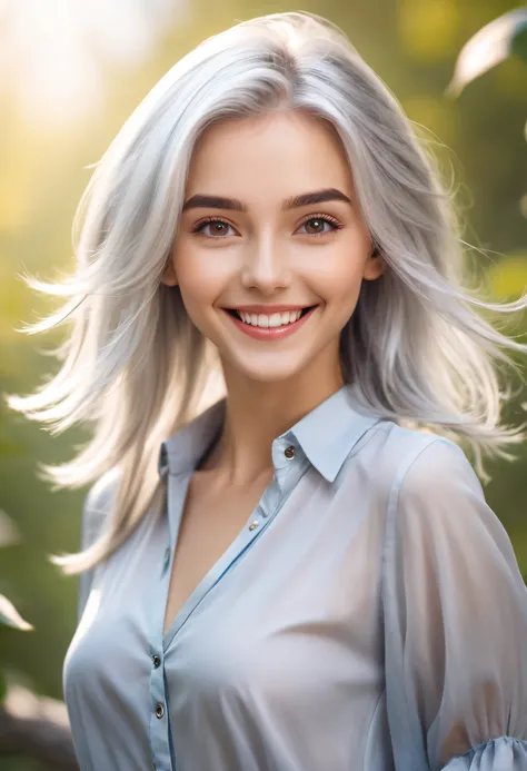 Beautiful 8K Ultra HD professional photos, Sharp focus, In a stunning fantasy world, Cute silver-haired girl, A joyful smile, In bright natural light