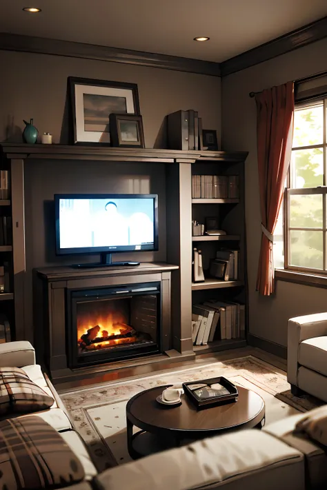 Living room with television and fireplace