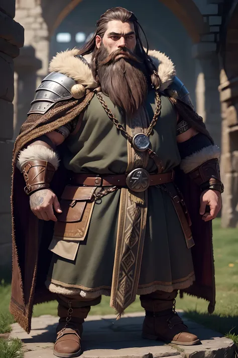 warrior, dwarf, Gnome, beard, Brown beard, in military clothing, in chain mail, with a beard, Full-length, One Dwarf, Big Beard, long beard, fur cloak, cloak, Chain mail