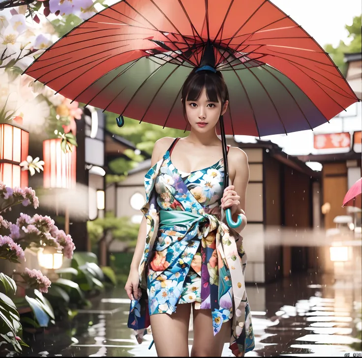 8K、​masterpiece　Raw photo　Best Quality　(((Holding a Japanese umbrella in your hand:1.3)))、Japanese Yukata　femele　(Expose all shoulders)　Night festival　Show thighs　a miniskirt　full body Esbian　Facial camea　Looking at the camera　No shoulder straps, Kanzashi ...