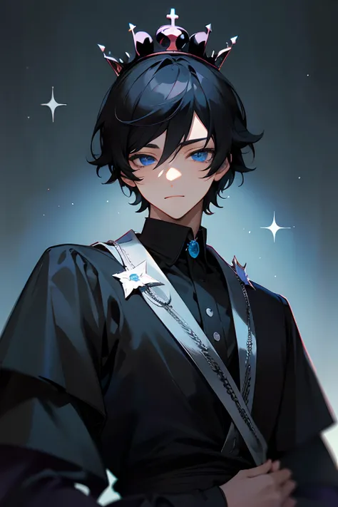 masterpiece, high quality, ultra detailed, detailed eyes, anime man, he is a prince with a crown, middle of the night, black crown, short black hair, blue eyes, gothic clothes, black clothes