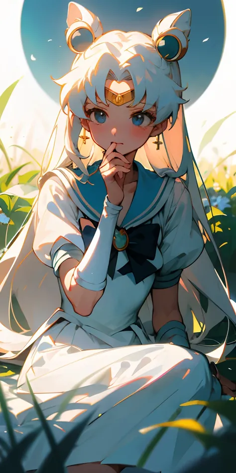 (masterpiece, best quality),1girl with long white hair sitting in a field of green plants and flowers, her hand under her chin, warm lighting, white dress, blurry foreground, cinematic, photographic, wallpaper, moon 1, sailor moon, usagi tsukino, tsukino u...