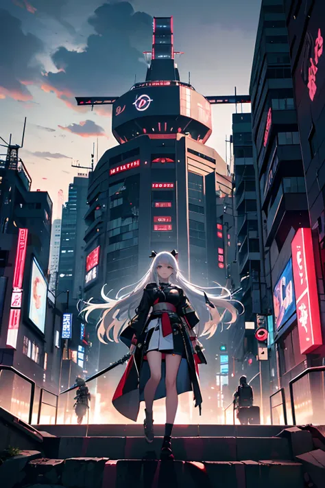 17-year-old woman, hairlight, Black eye, With long silver hair,Near future,military outfits,Japanese Katana Sword,小柄,Gods Eye,"​masterpiece, Better Quality, Still image shooting, Cyberpunk City [cyberpunked], Two huge ships flying over the city [blimp], It...