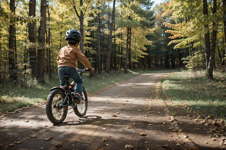 Happy kid boy of 3 or 5 years having fun in autumn forest with a bicycle on beautiful fall day. Active child wearing bike helmet. Safety, sports, leisure with kids concept. realistic photo. back view