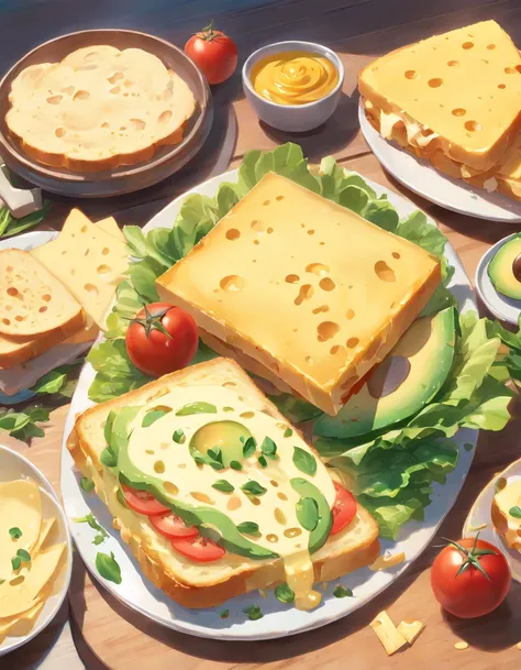 (best quality,4k,8k,highres,masterpiece:1.2),ultra-detailed,realistic,healthy omelette sandwiches,whole wheat bread,lettuce,tomatoes,avocados,low-fat cheese,white background,subject,delicious-looking omelette,crispy bread, fresh and green lettuce, juicy re...