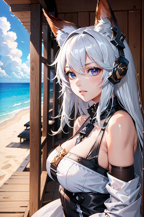 (Masterpiece: 1.05), (Best Quality: 1.15), Amazing, Solo, (Arknights: 1.08), (Cygames: 1.03), A Beautiful Woman, Nine Fox Tails, Fox Ears, Perfect Female Upper Body, White Dress, Black Stockings, Black Gloves, Bare Shoulders, Looking at Viewer, (Beach back...