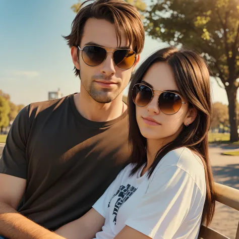 "A photorealistic portrait of two men the first a 40 year old American man with brown hair wearing sunglasses. Wearing a white t-shirt. He should have a natural and approachable expression and be illuminated by the soft golden hour sunlight. the second a t...