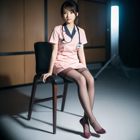 Cute young Japan in nurse clothes、(Full body:1.5)，(1girl in:1.3),(view the viewer:1.4)，(anatomy correct:1.4),(Sitting in a chair:1.2),( legs crossed :1.1),(Wearing a nurse set:1.2),(Opaque pink pantyhose:1.3),(Accurate and perfect face:1.3),(Long legs:1.3)...