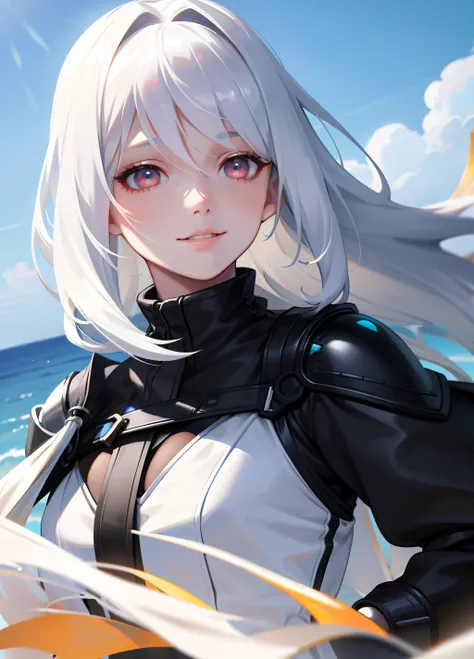 Pretty female, windblow white hair, glowing black eyes, realistic, masterpiece, white skin, little smile, Sand background, 4k, high detailed, high detailed light-imagine -