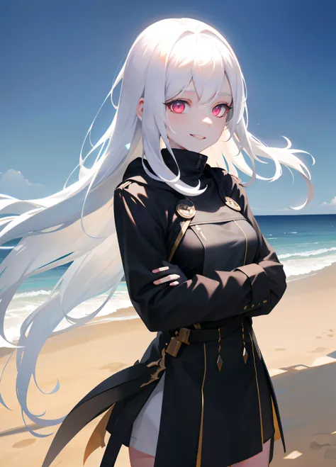 Pretty female, windblow white hair, glowing black eyes, realistic, masterpiece, white skin, little smile, Sand background, 4k, high detailed, high detailed light-imagine -