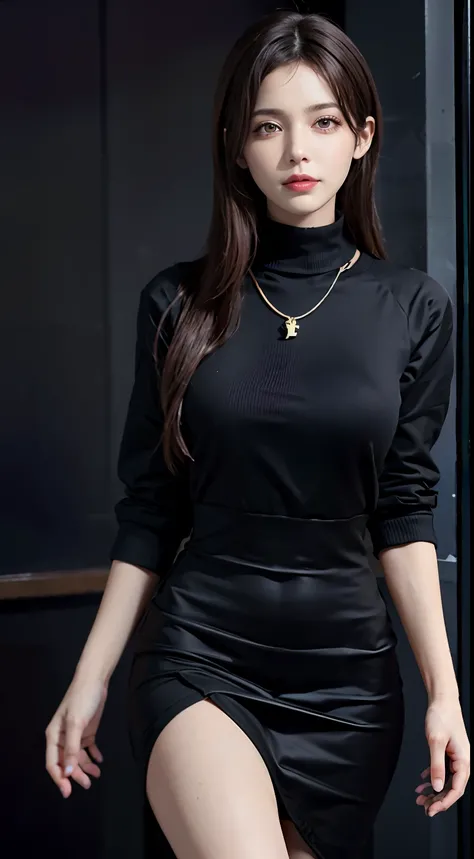 1girll, Solo, Long_Hair, Looking_at_peeping at the viewer, brown_Hair, black_Hair, The legs are long，information, high-necksweater，whole_Body, parted_Lips, necklace, dark mole, black_Eyes, Lips, Realistic, Red_Lips (Dress conservatively )