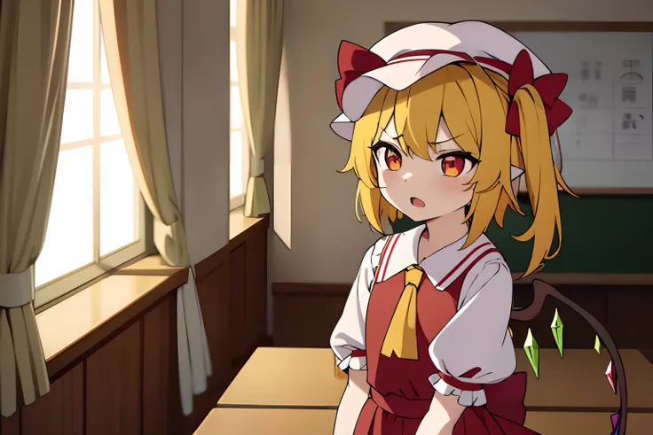 Best Quality, 1girl in, Solo, Flandre Scarlet、Hats、 beautiful countenance、Eye Highlights、Opening Mouth、glares、Bad mood、Petite、bright yellow hair in the side tail,,、shortsleeves、childish、‎Classroom、