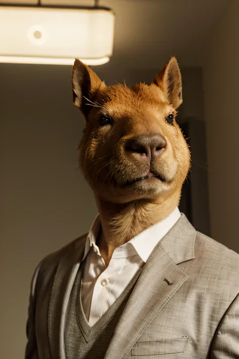 A capybara in a suit,illustrated art,sharp focus,highly detailed,clean lines,natural colors,professional,playful demeanor,sleek,studio lighting,clean background,portrait style.